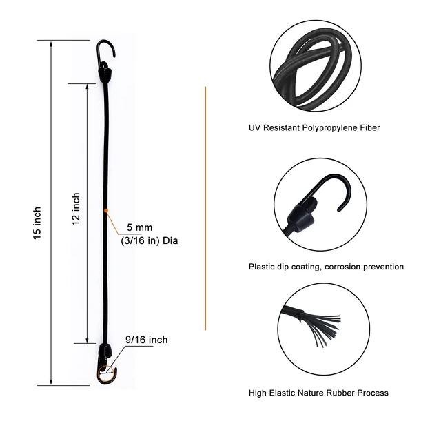 Alt view image 2 of 6 - Mini Bungee Cord with Hooks 12 Inch, Plastic Coated, Without Sharp Hook End, 15 Piece