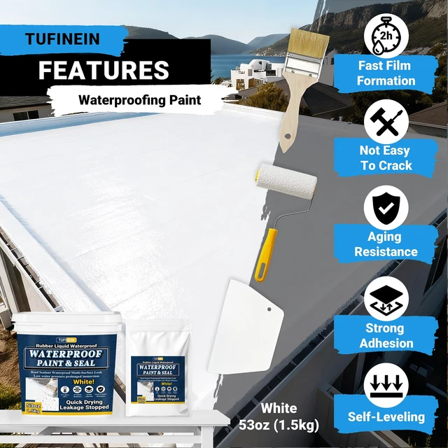 Alt view image 3 of 7 - Rubber Liquid Waterproof Sealant, 53oz/1.5kg White Quick Drying Multi Surface Foundation Leak Repair - Roof Gutters Basement Sealer Waterproof - Indoor & Outdoor Flexible Rubber Paint