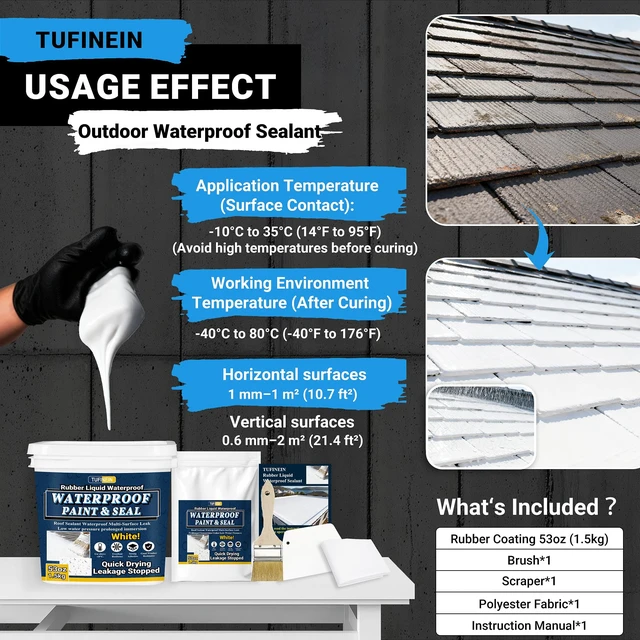 Alt view image 6 of 7 - Rubber Liquid Waterproof Sealant, 53oz/1.5kg White Quick Drying Multi Surface Foundation Leak Repair - Roof Gutters Basement Sealer Waterproof - Indoor & Outdoor Flexible Rubber Paint