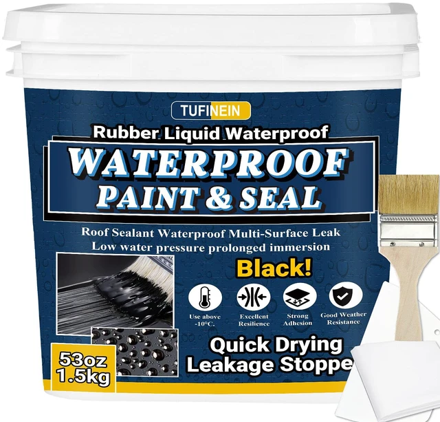 Main image of Rubber Liquid Waterproof Sealant, 53oz/1.5kg Black Quick Drying Multi Surface Foundation Leak Repair - Roof Gutters Basement Sealer Waterproof - Indoor & Outdoor Flexible Rubber Paint