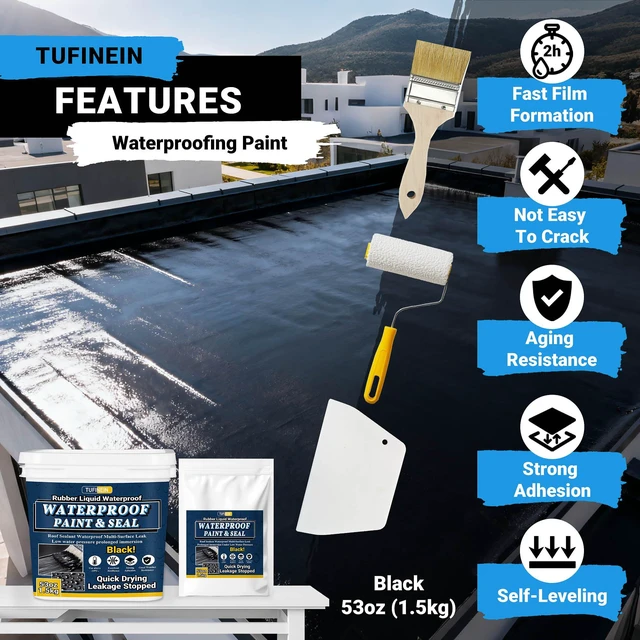 Alt view image 3 of 7 - Rubber Liquid Waterproof Sealant, 53oz/1.5kg Black Quick Drying Multi Surface Foundation Leak Repair - Roof Gutters Basement Sealer Waterproof - Indoor & Outdoor Flexible Rubber Paint