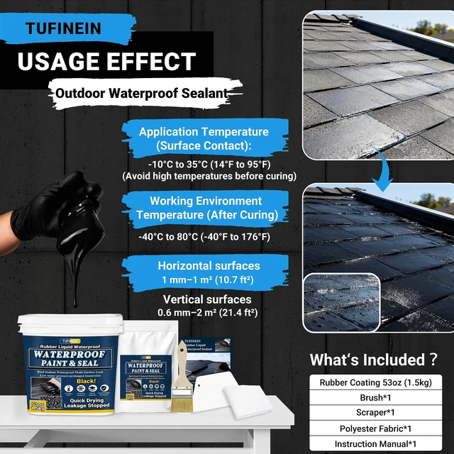 Alt view image 6 of 7 - Rubber Liquid Waterproof Sealant, 53oz/1.5kg Black Quick Drying Multi Surface Foundation Leak Repair - Roof Gutters Basement Sealer Waterproof - Indoor & Outdoor Flexible Rubber Paint
