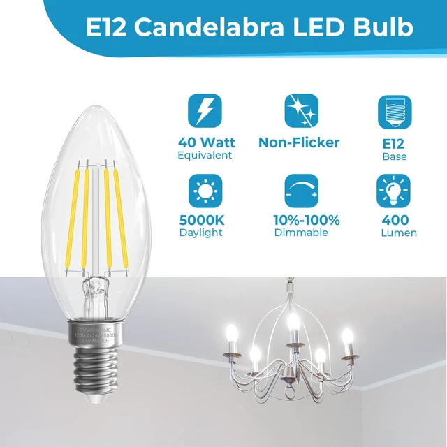 Alt view image 2 of 7 - Candelabra Light Bulbs 40 watt Equivalent, Dimmable LED E12 Bulb, 24 Pack 5000K Daylight White E12 Base B10 Candle Light Bulb for Chandelier, Ceiling Fan, 90+CRI, 400LM, Clear Glass