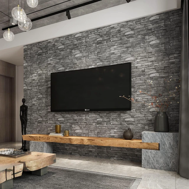 Alt view image 2 of 6 - 20PCS 3D Wall Panels Peel and Stick Foam 3D Brick Wallpaper Peel and Stick Black Faux Stone Wall Panel Self-Adhesive Wallpaper (20PCS, Black)