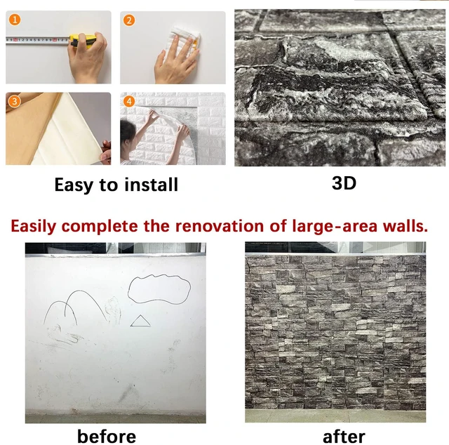 Alt view image 6 of 6 - 20PCS 3D Wall Panels Peel and Stick Foam 3D Brick Wallpaper Peel and Stick Black Faux Stone Wall Panel Self-Adhesive Wallpaper (20PCS, Black)
