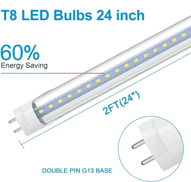 Alt view image 2 of 7 - 2FT LED Tube Light, T8 T10 T12 Type B LED Light Bulb, 10W(24W Equiv.), 5000K Daylight, 1120LM, 24 Inch F20T12 Fluorescent Replacement, Remove Ballast, Double-Ended Power, Clear Cover, 4 Pack