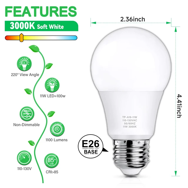 Alt view image 2 of 7 - A19 LED Light Bulbs, 100 Watt Equivalent LED Bulb, 1100 Lumens Soft White 3000K E26 Medium Base, Non-Dimmable 11W LED Bulb 12-Pack