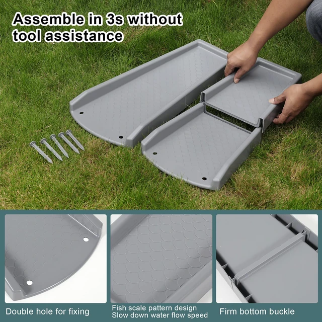 Alt view image 4 of 6 - Rain Gutter Downspout Splash Block, Gutter Downspout Extensions for Water Drainage, 24" Gutter Splash Guards Downspout Extender, Fixable Down spout Drain Trays with PE Nails(2 Pack, Gray)
