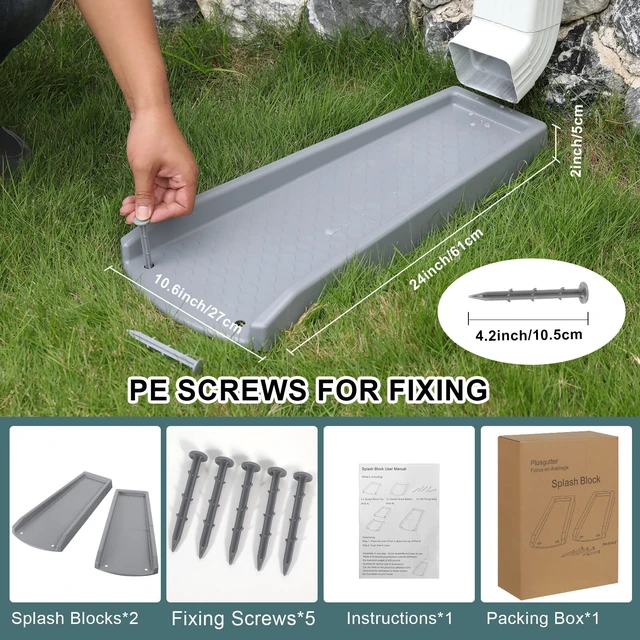 Alt view image 6 of 6 - Rain Gutter Downspout Splash Block, Gutter Downspout Extensions for Water Drainage, 24" Gutter Splash Guards Downspout Extender, Fixable Down spout Drain Trays with PE Nails(2 Pack, Gray)