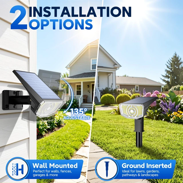 Alt view image 7 of 7 - Solar Spot Lights Outdoor Waterproof IP65, 100 LED Solar Lights Outdoor Super Bright Solar Spotlights 3000K&2 Lighting Modes, 2-in-1 Ground Spike & Wall Mount Solar Landscape Spotlights for Yard