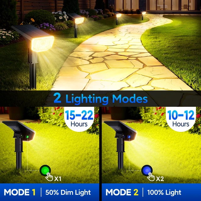 Alt view image 6 of 7 - Solar Spot Lights Outdoor Waterproof IP65, 100 LED Solar Lights Outdoor Super Bright Solar Spotlights 3000K&2 Lighting Modes, 2-in-1 Ground Spike & Wall Mount Solar Landscape Spotlights for Yard
