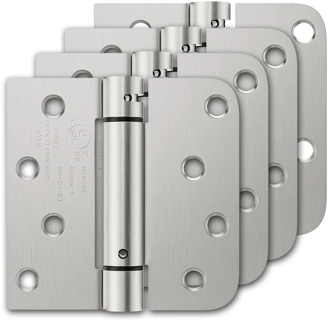 Main image of 4 Pack Self Closing Door Hinges, 4 Inch Spring Loaded Hinges with Square & 5/8'' Radius Corners, Adjustable Tension for Garage, Front Door, for Left and Right Hand Door, UL Listed