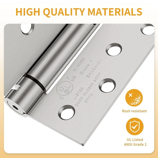 Alt view image 3 of 7 - 4 Pack Self Closing Door Hinges, 4 Inch Spring Loaded Hinges with Square & 5/8'' Radius Corners, Adjustable Tension for Garage, Front Door, for Left and Right Hand Door, UL Listed