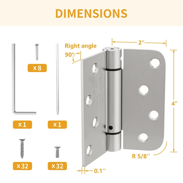 Alt view image 2 of 7 - 4 Pack Self Closing Door Hinges, 4 Inch Spring Loaded Hinges with Square & 5/8'' Radius Corners, Adjustable Tension for Garage, Front Door, for Left and Right Hand Door, UL Listed