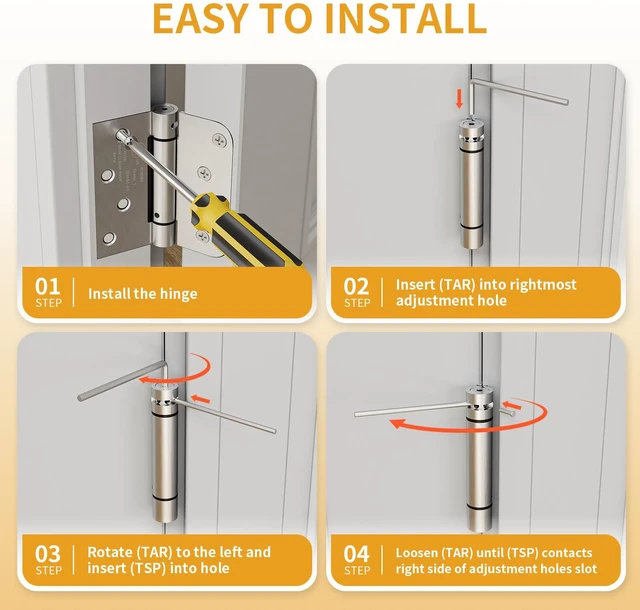 Alt view image 5 of 7 - 4 Pack Self Closing Door Hinges, 4 Inch Spring Loaded Hinges with Square & 5/8'' Radius Corners, Adjustable Tension for Garage, Front Door, for Left and Right Hand Door, UL Listed