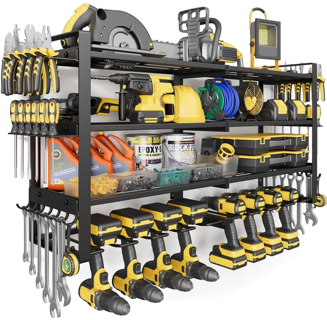 Main image of 4-Tier Power Tool Organizer Wall Mount, 450LBS Capacity, 8 Drill Holders 3-Tube Reinforced Design, Holds 50+ Tools, Cordless Tool Organizer, Rust Resistant, Quick Assembly, Garage Gift for Men