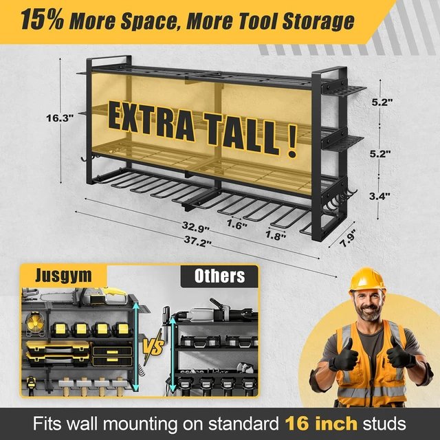 Alt view image 2 of 7 - 4-Tier Power Tool Organizer Wall Mount, 450LBS Capacity, 8 Drill Holders 3-Tube Reinforced Design, Holds 50+ Tools, Cordless Tool Organizer, Rust Resistant, Quick Assembly, Garage Gift for Men