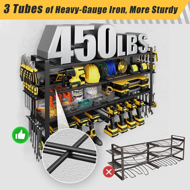 Alt view image 3 of 7 - 4-Tier Power Tool Organizer Wall Mount, 450LBS Capacity, 8 Drill Holders 3-Tube Reinforced Design, Holds 50+ Tools, Cordless Tool Organizer, Rust Resistant, Quick Assembly, Garage Gift for Men