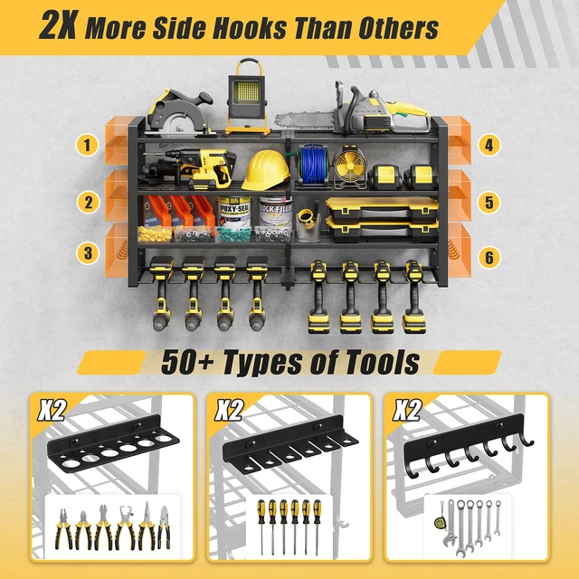 Alt view image 4 of 7 - 4-Tier Power Tool Organizer Wall Mount, 450LBS Capacity, 8 Drill Holders 3-Tube Reinforced Design, Holds 50+ Tools, Cordless Tool Organizer, Rust Resistant, Quick Assembly, Garage Gift for Men