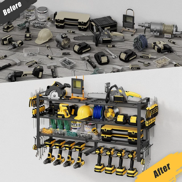 Alt view image 6 of 7 - 4-Tier Power Tool Organizer Wall Mount, 450LBS Capacity, 8 Drill Holders 3-Tube Reinforced Design, Holds 50+ Tools, Cordless Tool Organizer, Rust Resistant, Quick Assembly, Garage Gift for Men