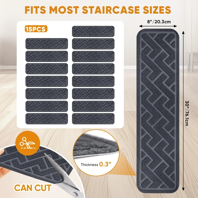Alt view image 2 of 7 - 15 Pack 8"×30" Non Slip Stair Treads for wooden steps, Stair Runner, Gray Stair Treads, Stair Runner and Carpet for Stairs Feature TPE Non-slip Backing for Safe Traction