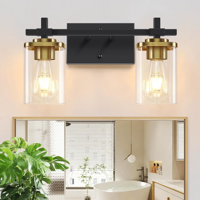Main image of 2-Lights Black and Gold Bathroom Light Over Mirror with Square Glass Shade and Metal Base, Gold Wall Vanity Lights for Bedroom, Stairs, Living Room, Hallway