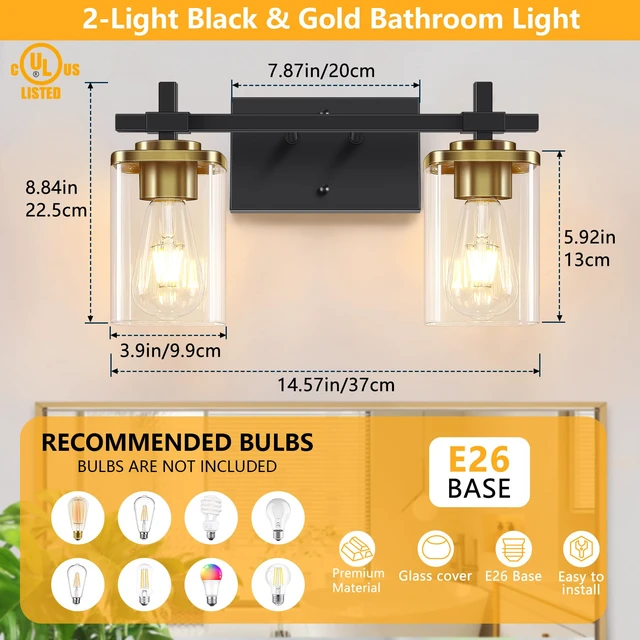 Alt view image 2 of 7 - 2-Lights Black and Gold Bathroom Light Over Mirror with Square Glass Shade and Metal Base, Gold Wall Vanity Lights for Bedroom, Stairs, Living Room, Hallway