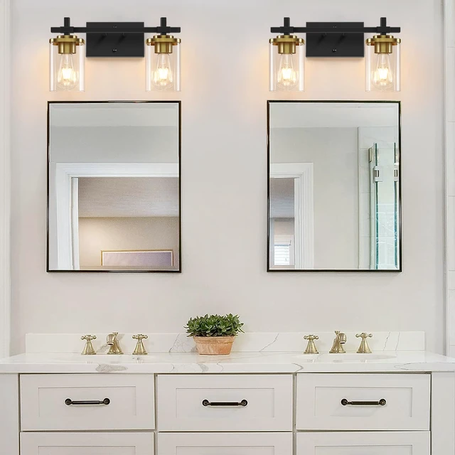 Alt view image 4 of 7 - 2-Lights Black and Gold Bathroom Light Over Mirror with Square Glass Shade and Metal Base, Gold Wall Vanity Lights for Bedroom, Stairs, Living Room, Hallway