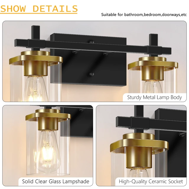 Alt view image 5 of 7 - 2-Lights Black and Gold Bathroom Light Over Mirror with Square Glass Shade and Metal Base, Gold Wall Vanity Lights for Bedroom, Stairs, Living Room, Hallway