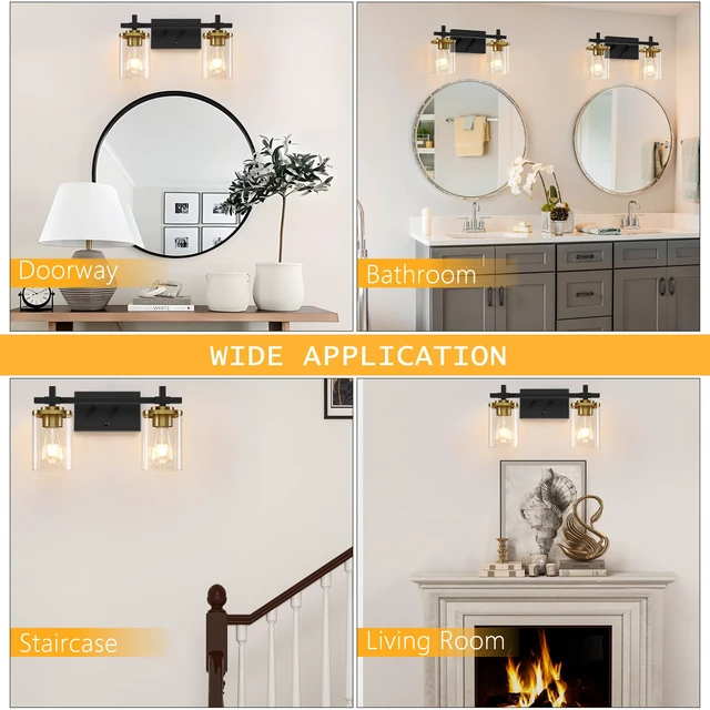Alt view image 7 of 7 - 2-Lights Black and Gold Bathroom Light Over Mirror with Square Glass Shade and Metal Base, Gold Wall Vanity Lights for Bedroom, Stairs, Living Room, Hallway