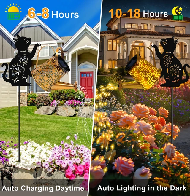 Alt view image 4 of 7 - Solar Garden Lights Outdoor Decor, Cat Watering Can Lights for Yard, 2 Pack Cat Silhouette Watering Can with Cascading Fairy Lights, Waterproof Metal Yard Decor for Patio, Lawn and Garden