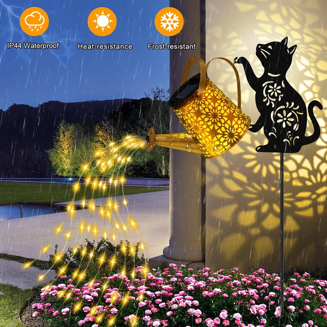 Alt view image 6 of 7 - Solar Garden Lights Outdoor Decor, Cat Watering Can Lights for Yard, 2 Pack Cat Silhouette Watering Can with Cascading Fairy Lights, Waterproof Metal Yard Decor for Patio, Lawn and Garden