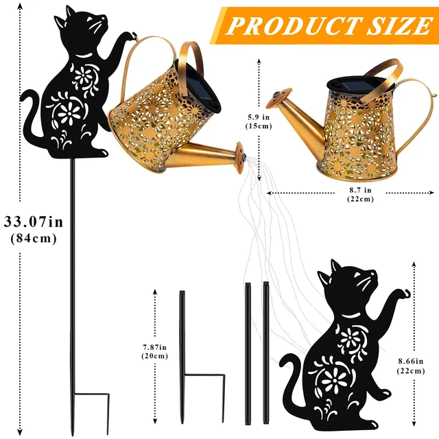 Alt view image 5 of 7 - Solar Garden Lights Outdoor Decor, Cat Watering Can Lights for Yard, 2 Pack Cat Silhouette Watering Can with Cascading Fairy Lights, Waterproof Metal Yard Decor for Patio, Lawn and Garden