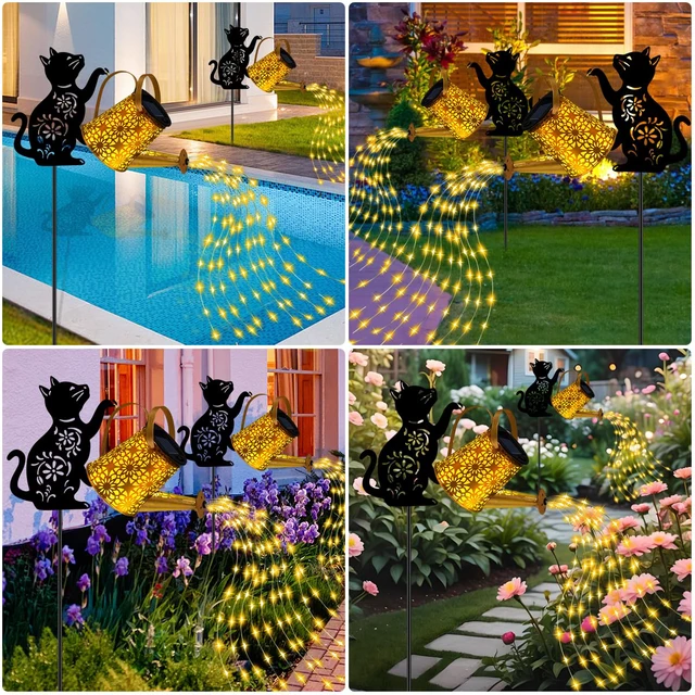 Alt view image 7 of 7 - Solar Garden Lights Outdoor Decor, Cat Watering Can Lights for Yard, 2 Pack Cat Silhouette Watering Can with Cascading Fairy Lights, Waterproof Metal Yard Decor for Patio, Lawn and Garden