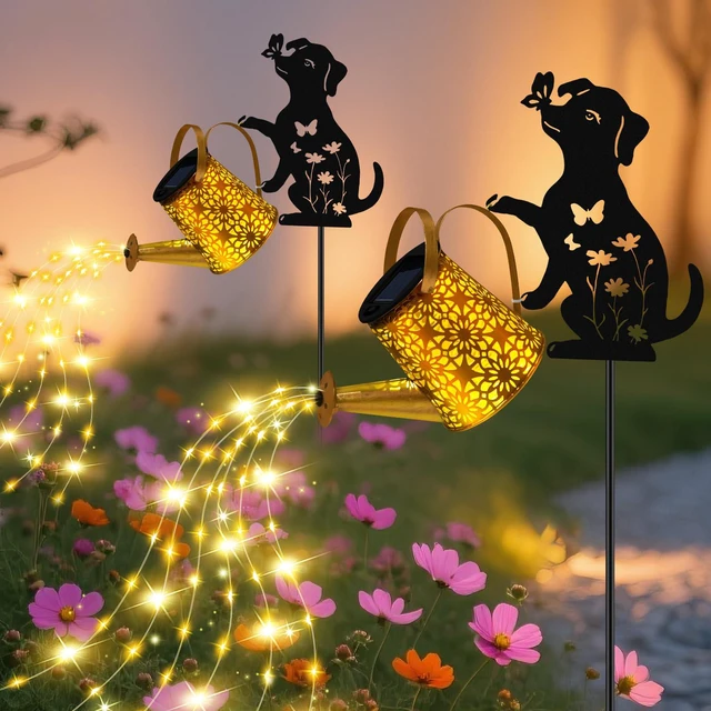 Main image of Solar Garden Lights Outdoor Decor, Dog Watering Can Lights for Yard, 2 Pack Dog Silhouette Watering Can with Cascading Fairy Lights, Waterproof Metal Yard Decor for Mom and Christmas Gifts, 2 Pack