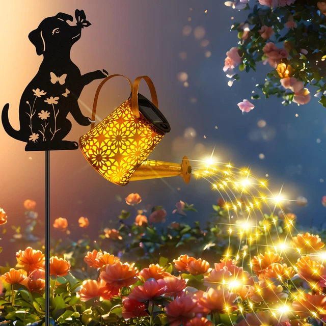 Alt view image 5 of 7 - Solar Garden Lights Outdoor Decor, Dog Watering Can Lights for Yard, 2 Pack Dog Silhouette Watering Can with Cascading Fairy Lights, Waterproof Metal Yard Decor for Mom and Christmas Gifts, 2 Pack