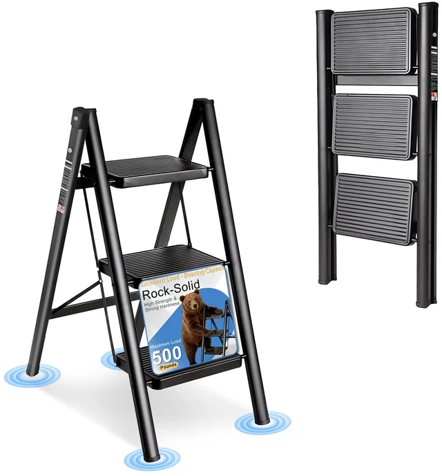 Main image of 3 Step Ladder Folding Step Stool Carbon Steel Frame 500LBS Capacity Sturdy Anti-Slip Thick Pedal & Feet Portable for Home Kitchen Garage (black-3step)