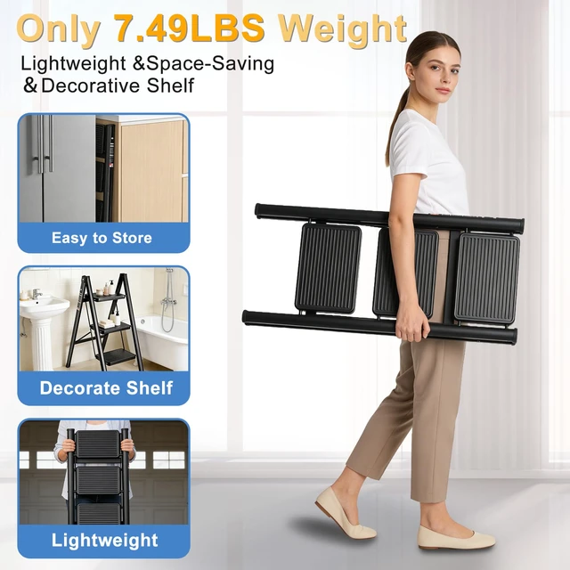 Alt view image 5 of 7 - 3 Step Ladder Folding Step Stool Carbon Steel Frame 500LBS Capacity Sturdy Anti-Slip Thick Pedal & Feet Portable for Home Kitchen Garage (black-3step)
