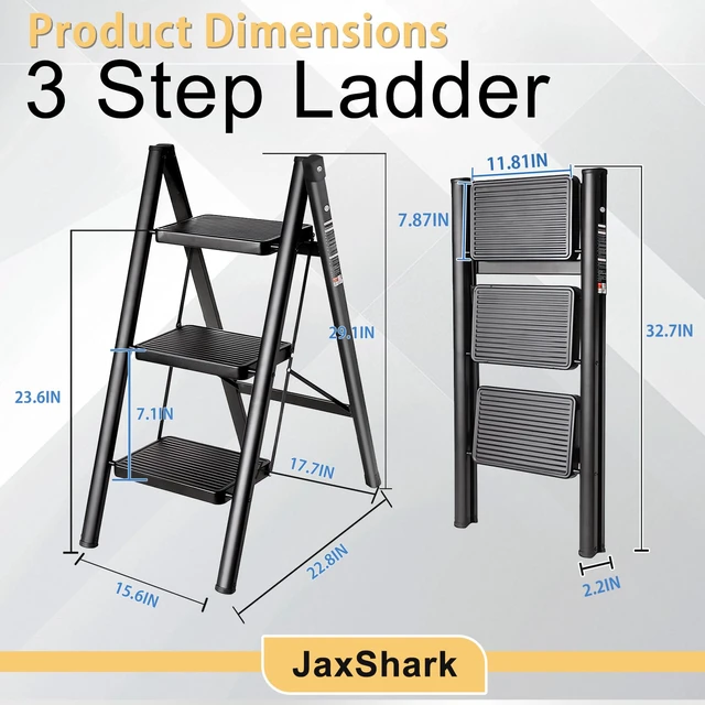 Alt view image 6 of 7 - 3 Step Ladder Folding Step Stool Carbon Steel Frame 500LBS Capacity Sturdy Anti-Slip Thick Pedal & Feet Portable for Home Kitchen Garage (black-3step)
