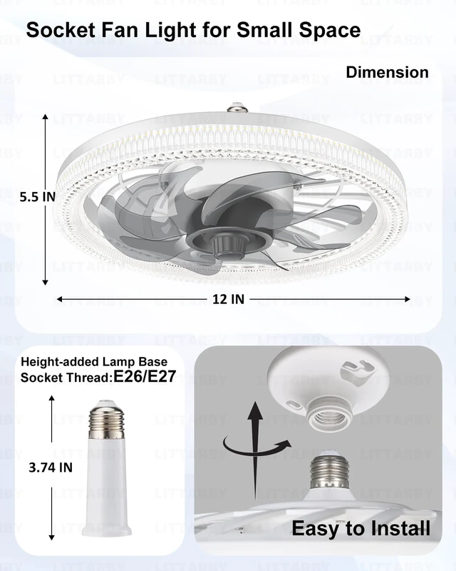 Alt view image 3 of 7 - Ceiling Fans with Lights, Socket Fan Light with Remote Control, Dimmable Brightness 3000K-6500K Memory, Socket Modern Flush Mount Low Profile Ceiling Fan for Bedroom, Small Living Room, Kitchen White