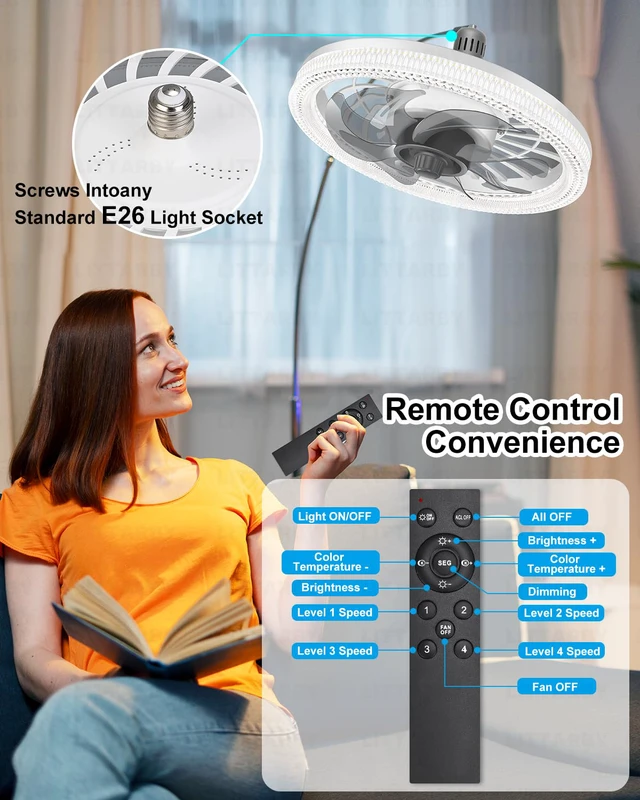 Alt view image 5 of 7 - Ceiling Fans with Lights, Socket Fan Light with Remote Control, Dimmable Brightness 3000K-6500K Memory, Socket Modern Flush Mount Low Profile Ceiling Fan for Bedroom, Small Living Room, Kitchen White