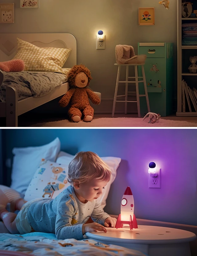 Alt view image 5 of 7 - Night Light for Kids, 3D Space Night Light Plug in Dusk to Dawn Nursery Night Lights, RGB+Soft White 3000K, 3 Lighting Modes, Room Decor, Children