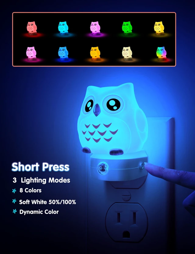Alt view image 3 of 7 - Night Light for Kids, 3D Owl Night Light Plug in Wall Dusk to Dawn Sensor, 8-Color Changing+Soft White 3000K, 3 Lighting Modes, Nursery Night Lights, Children, Room Decor