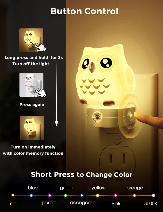 Alt view image 4 of 7 - Night Light for Kids, 3D Owl Night Light Plug in Wall Dusk to Dawn Sensor, 8-Color Changing+Soft White 3000K, 3 Lighting Modes, Nursery Night Lights, Children, Room Decor