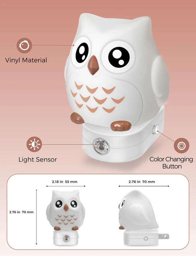 Alt view image 6 of 7 - Night Light for Kids, 3D Owl Night Light Plug in Wall Dusk to Dawn Sensor, 8-Color Changing+Soft White 3000K, 3 Lighting Modes, Nursery Night Lights, Children, Room Decor