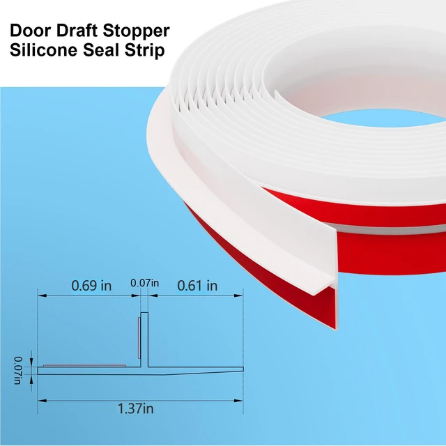 Alt view image 2 of 6 - T-Shaped Weather Stripping Seal, White Silicone, 1.37 in x 40 ft Flexible door seal strip covers door, window, and bathroom gaps; peel-and-stick design helps reduce drafts
