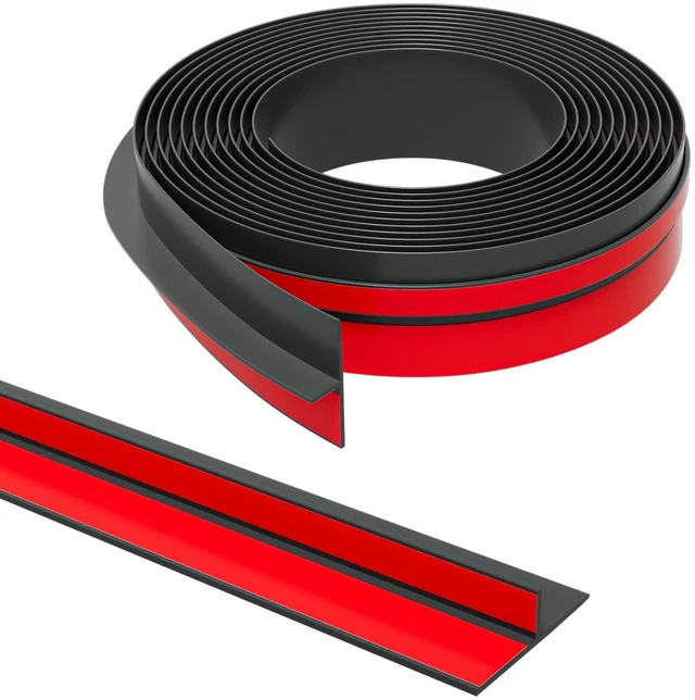 Main image of T-Shaped Weather Stripping Seal, Black Silicone, 1.37 in x 40 ft Flexible door seal strip covers door, window, and bathroom gaps; peel-and-stick design helps reduce drafts