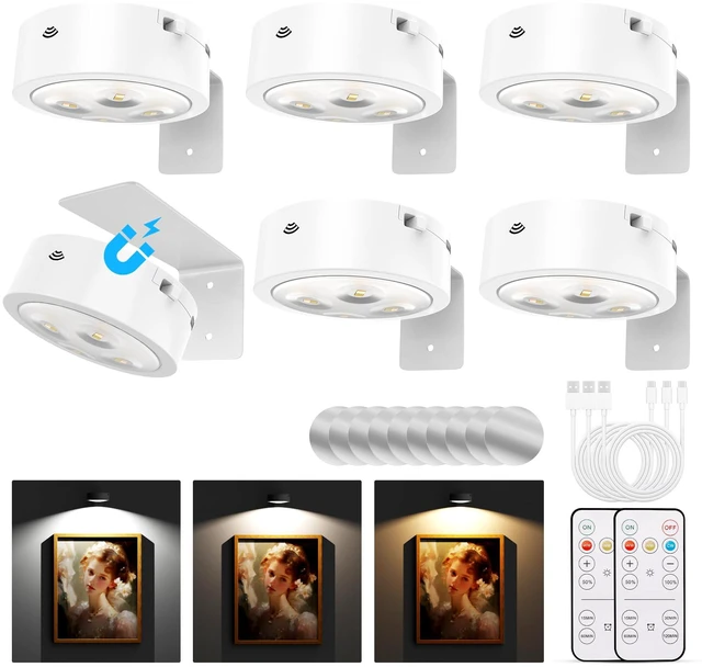Main image of Picture Lights for Wall, Rechargeable Battery Operated Wireless Magnetic Painting Lights with Remote Dimmable and Timer, Wall Decor Lights with 3 Lighting Modes for Art Display (White, 6Pack)