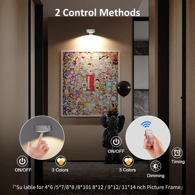 Alt view image 3 of 7 - Picture Lights for Wall, Rechargeable Battery Operated Wireless Magnetic Painting Lights with Remote Dimmable and Timer, Wall Decor Lights with 3 Lighting Modes for Art Display (White, 6Pack)