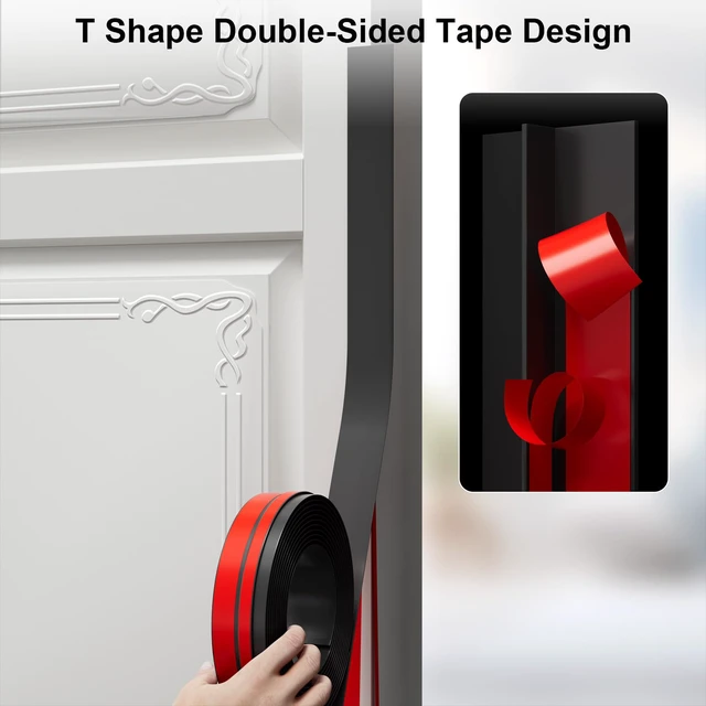 Alt view image 2 of 6 - T-Shaped Weather Stripping Seal, Black Silicone, 1.37 in x 40 ft Flexible door seal strip covers door, window, and bathroom gaps; peel-and-stick design helps reduce drafts